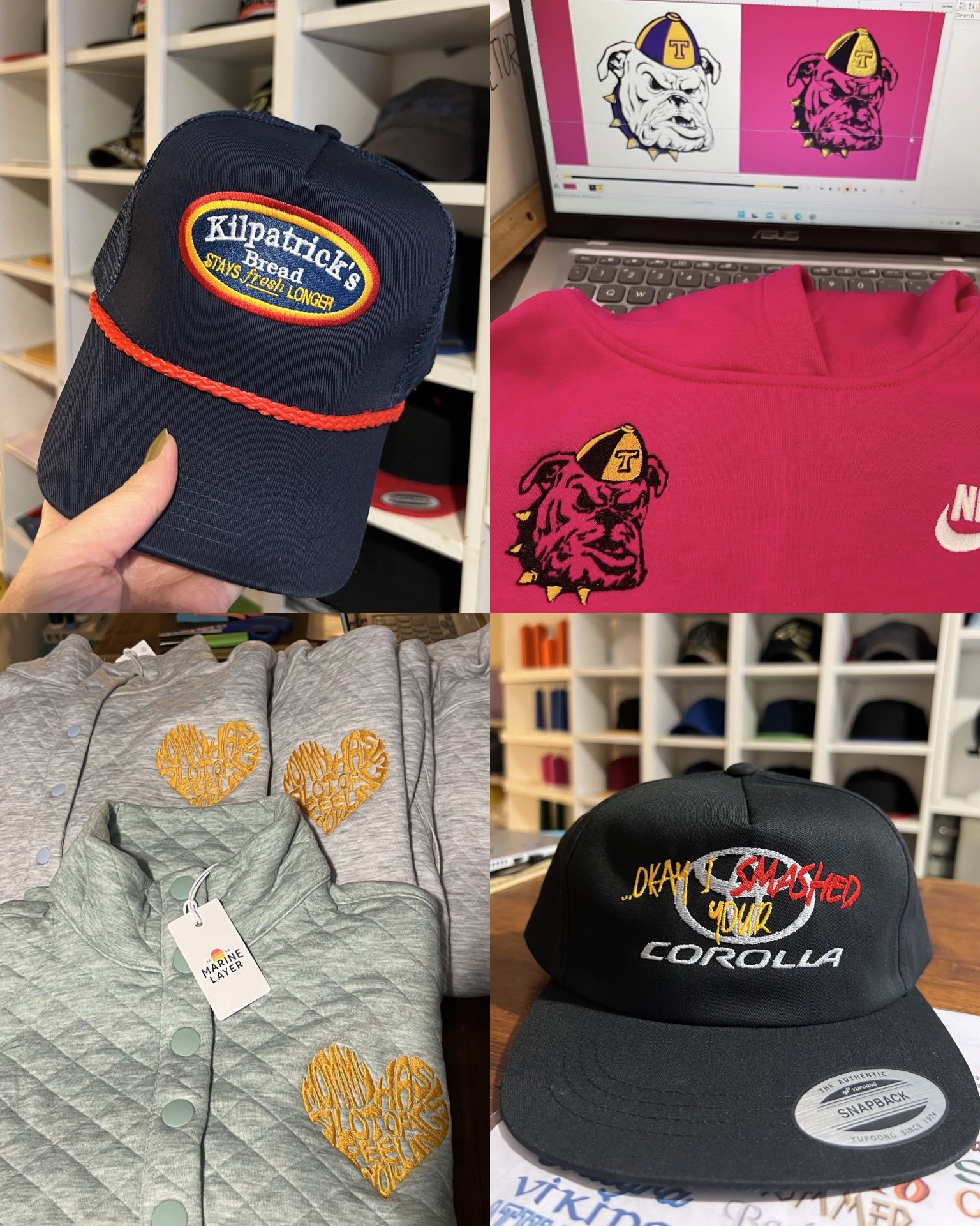 Embroidered apparel hanging in the Bay Custom Embroidery shop