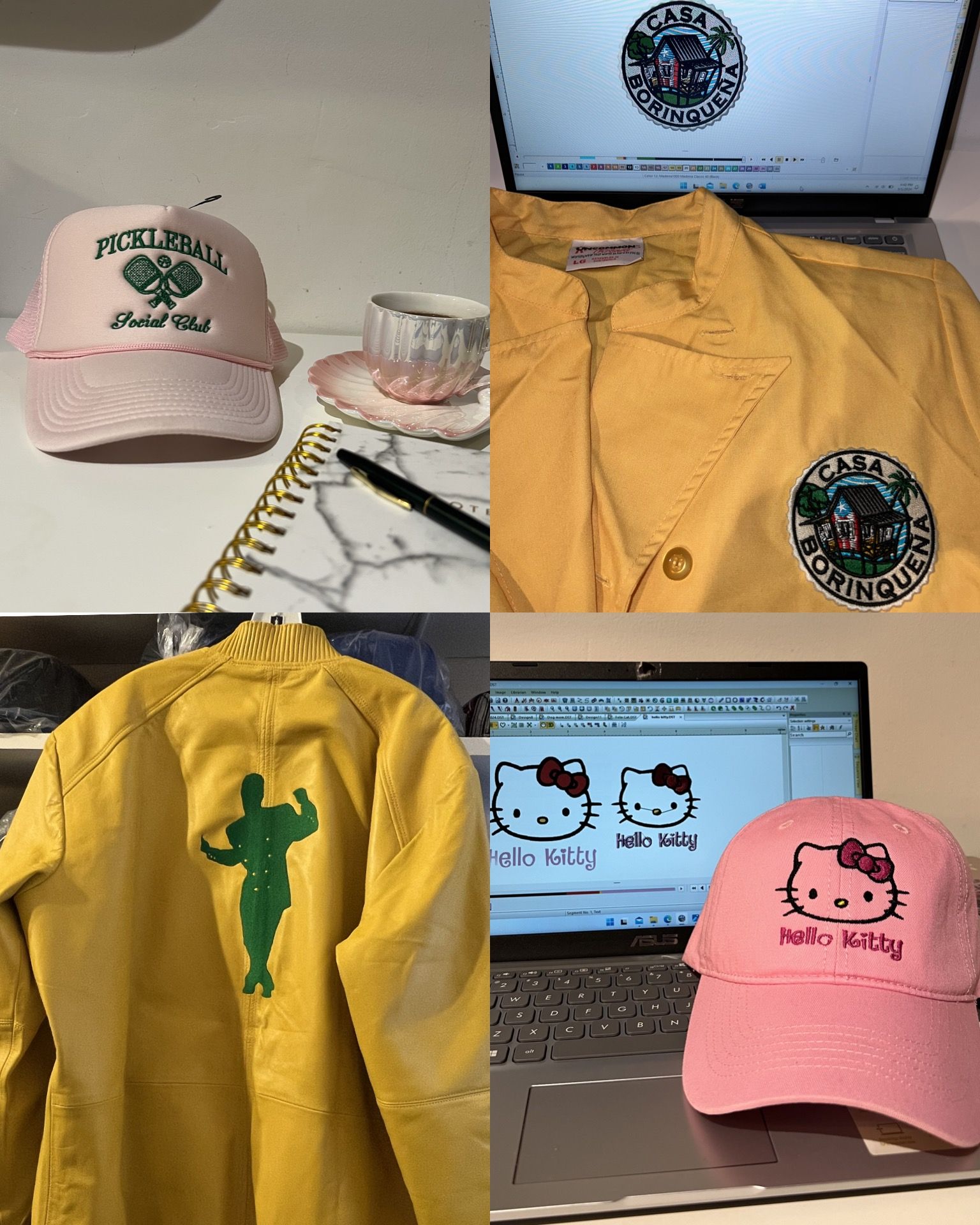Embroidered Pickleball, Casa Borinquena, and Hello Kitty caps