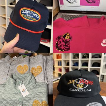 Embroidered apparel on hangers in the shop