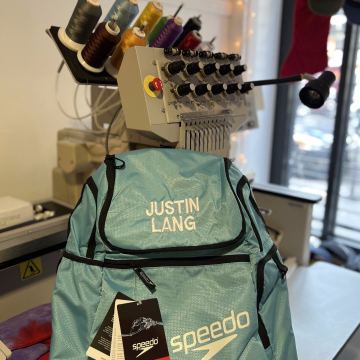 Embroidered name on a Speedo backpack